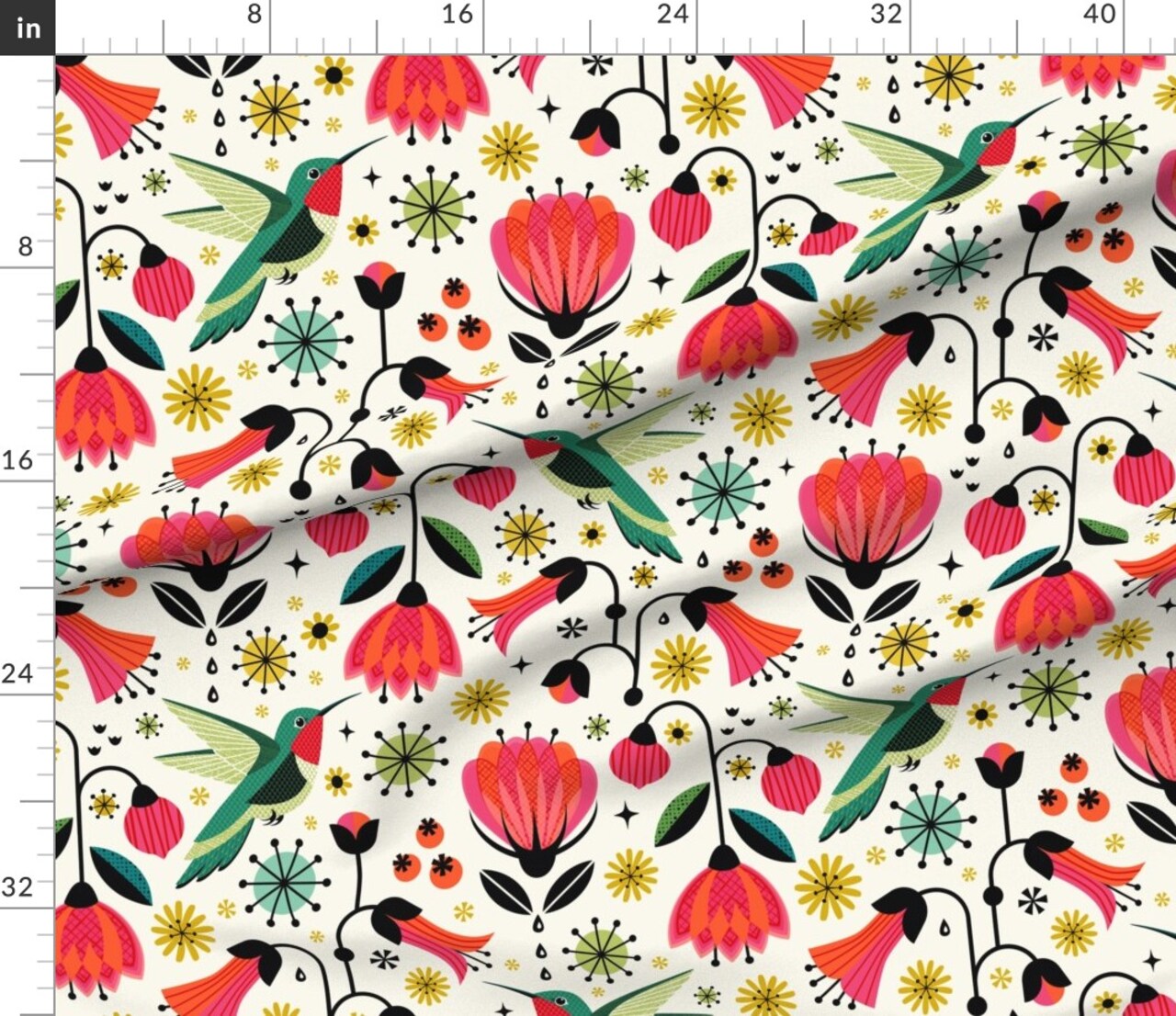 Hummingbird Vintage Flowers Floral Retro Mod Mid Century Scandi Red Yellow Green Custom Printed Fabric by Spoonflower Various Fabrics by the Yard or Fat Quarter